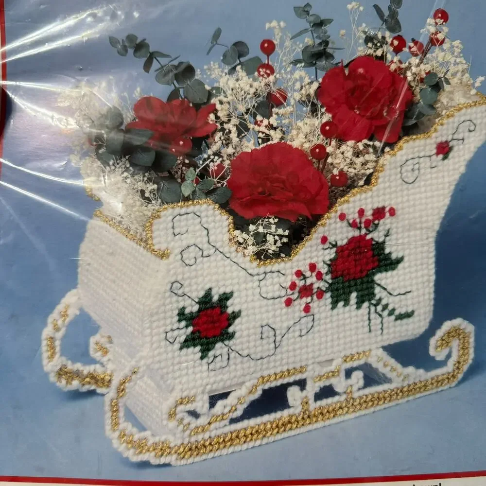 Vintage New in Package Bucilla Christmas Plastic Canvas Kit Floral Sleigh 1990